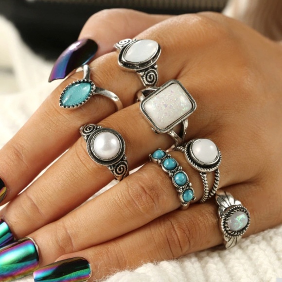 Boho Gypsy SILVER Opal Moonstone Midi Ring Set - Picture 2 of 7
